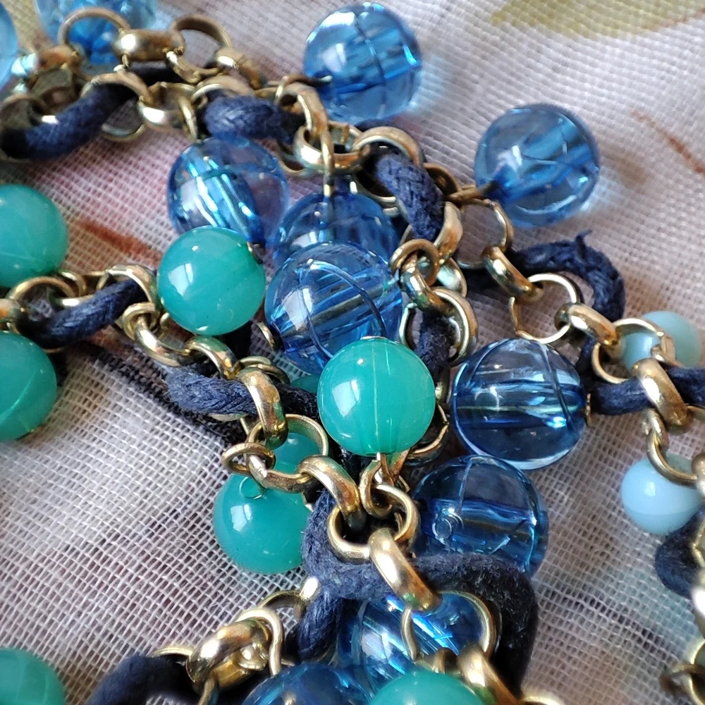 Coldwater Creek Light Weight Extra Long Blue and Jade Green Necklace Gold Tone